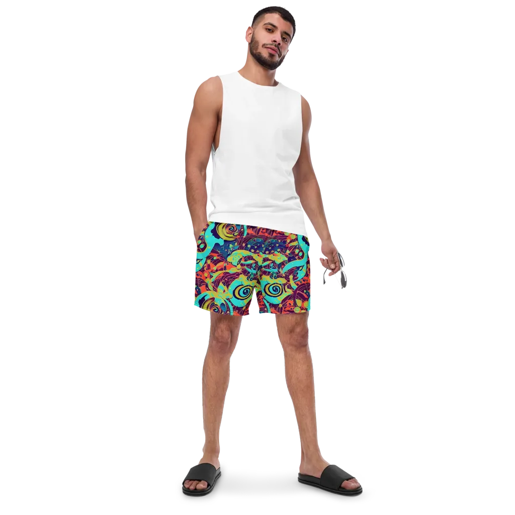 Vivid Spiral Tide on Swim Trunks — Front