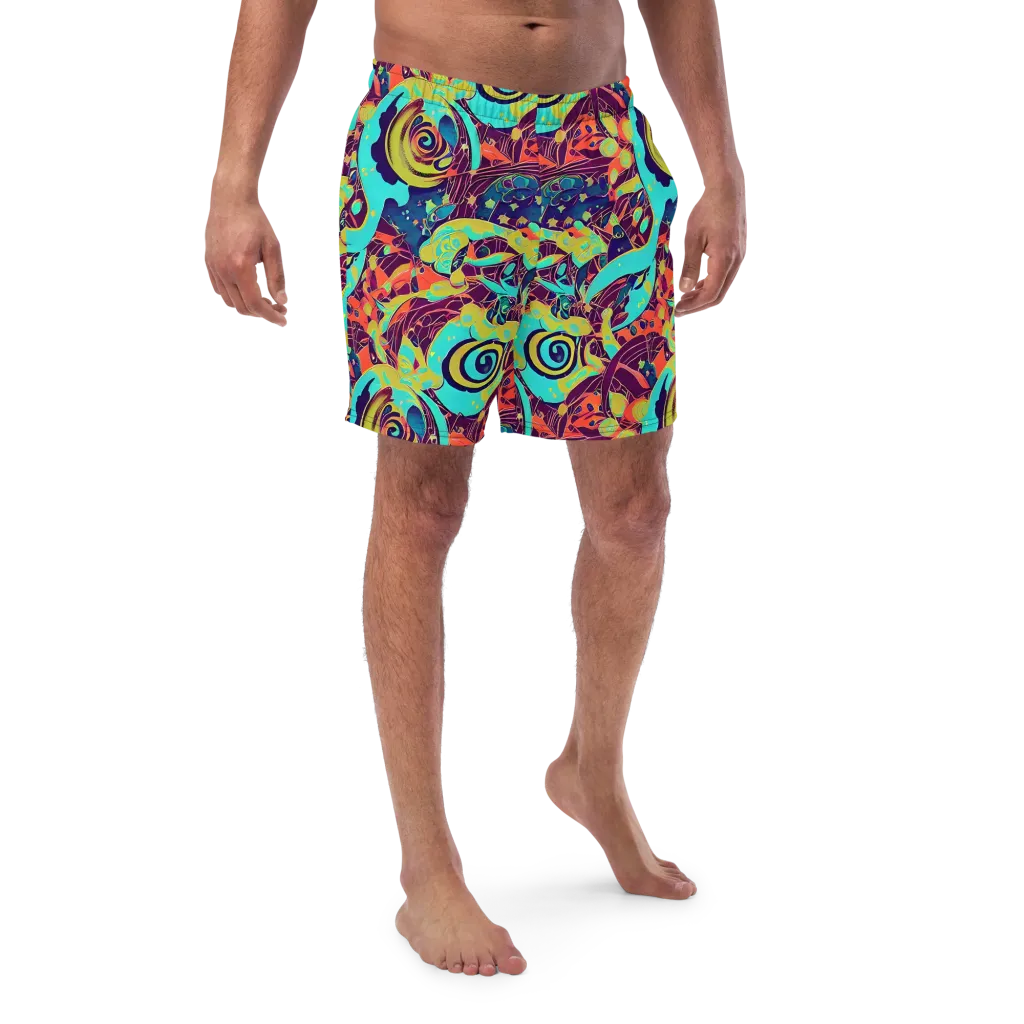 Vivid Spiral Tide on Swim Trunks — Front