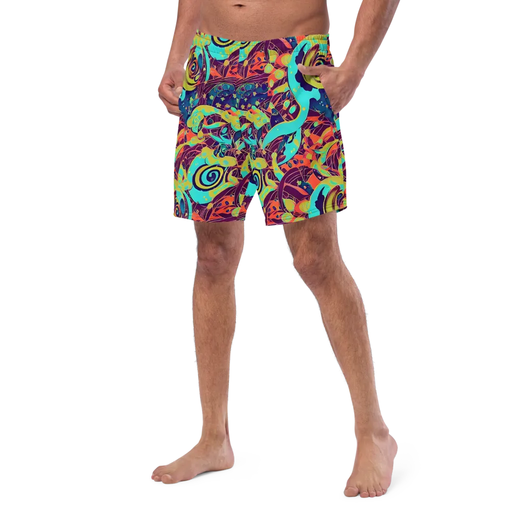 Vivid Spiral Tide on Swim Trunks — Left Front