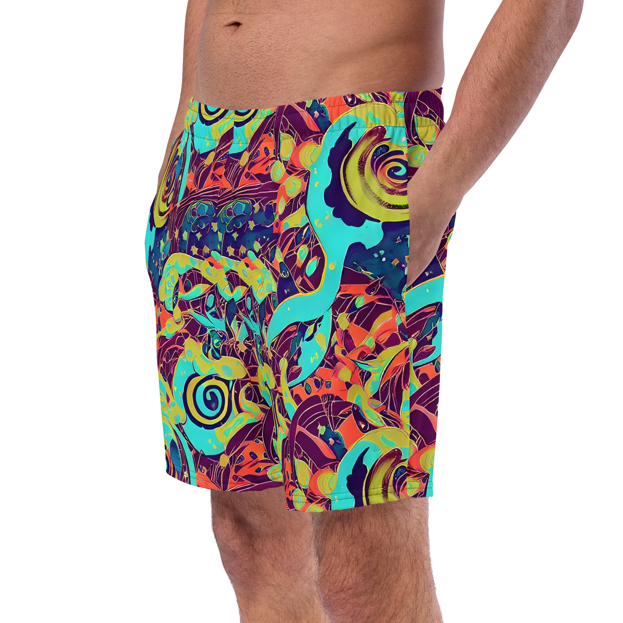 Vivid Spiral Tide on Swim Trunks — Left Front