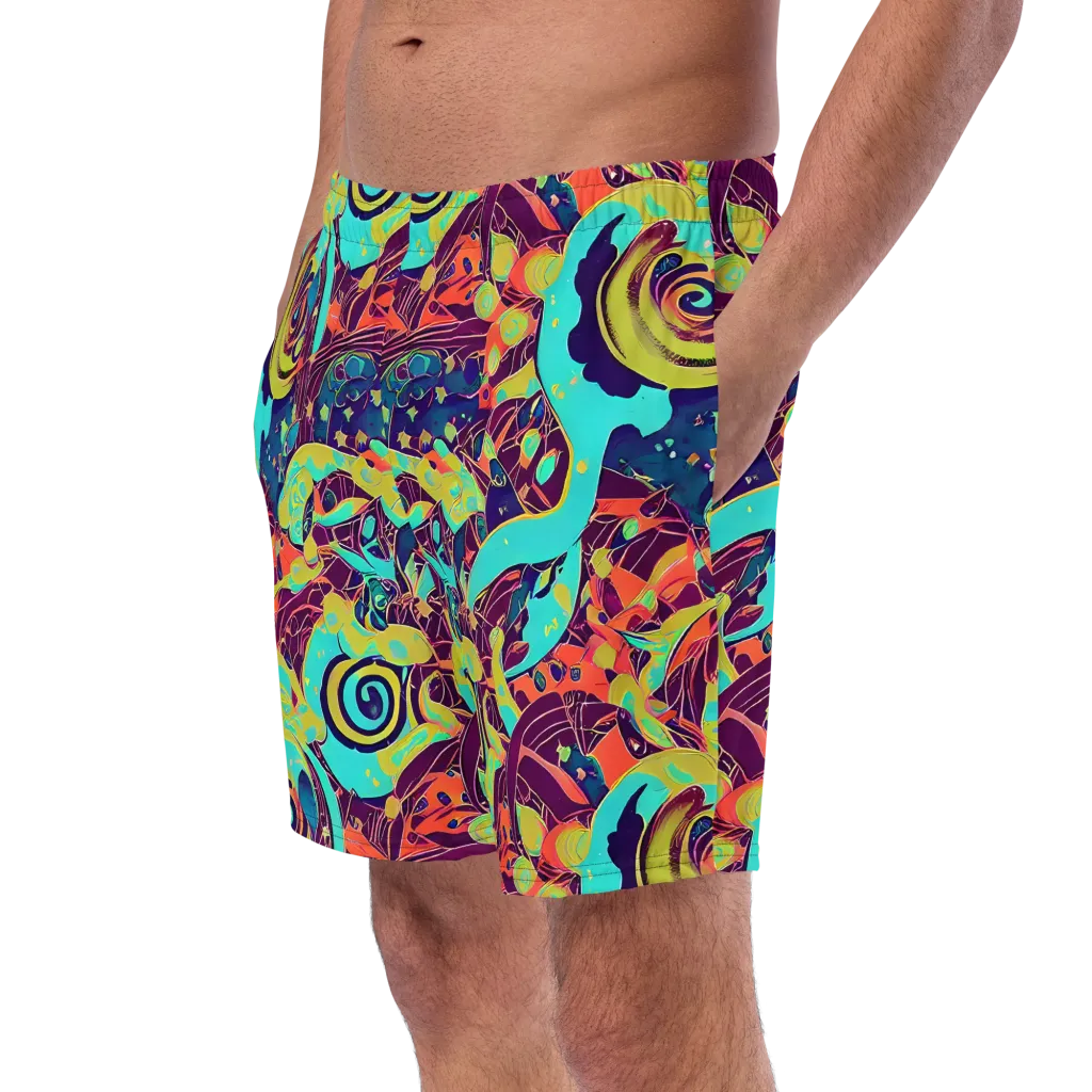 Vivid Spiral Tide on Swim Trunks — Left Front
