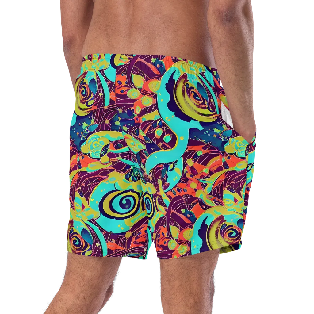 Vivid Spiral Tide on Swim Trunks — Right Back