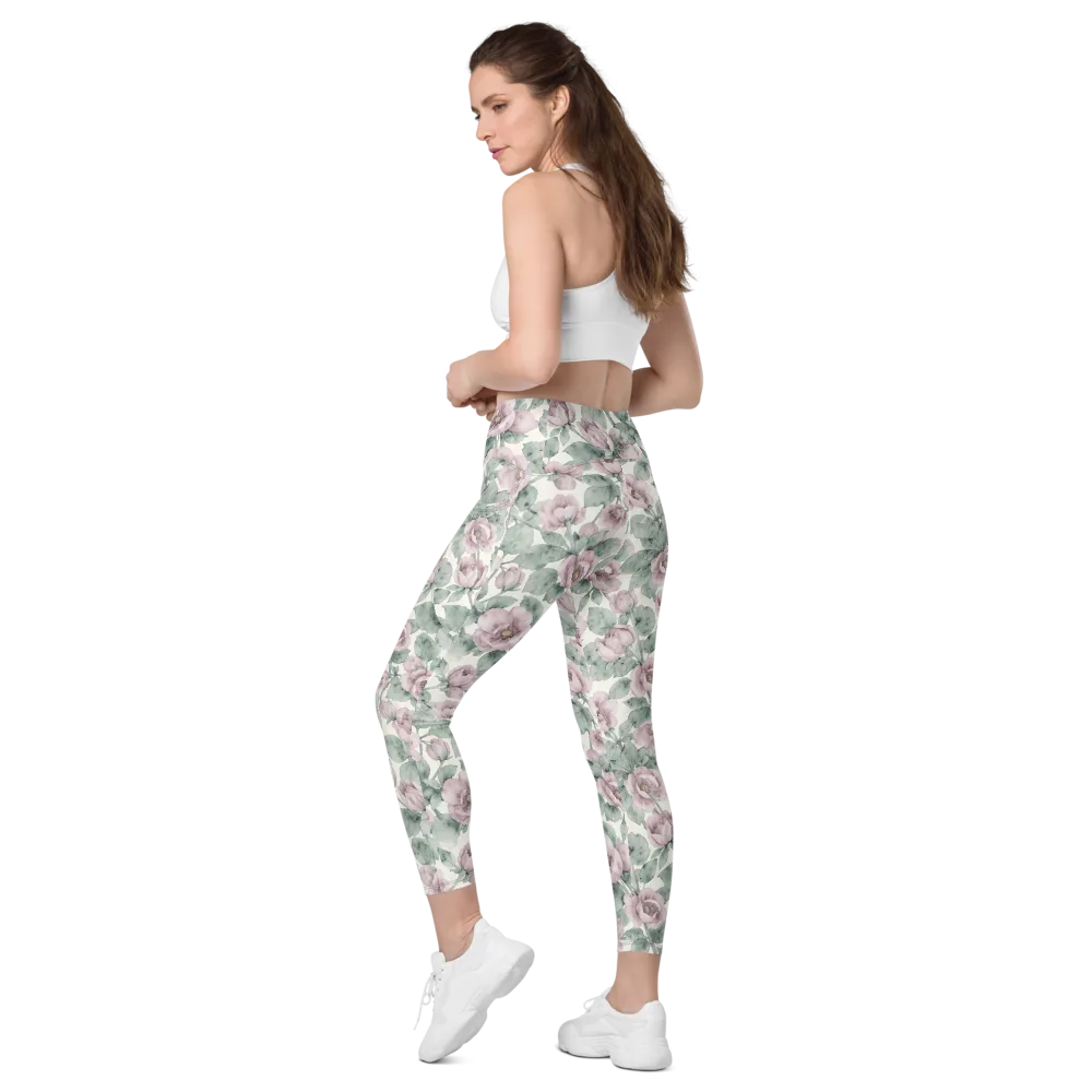 Blush Herbarium on Leggings with Pockets — Left Back