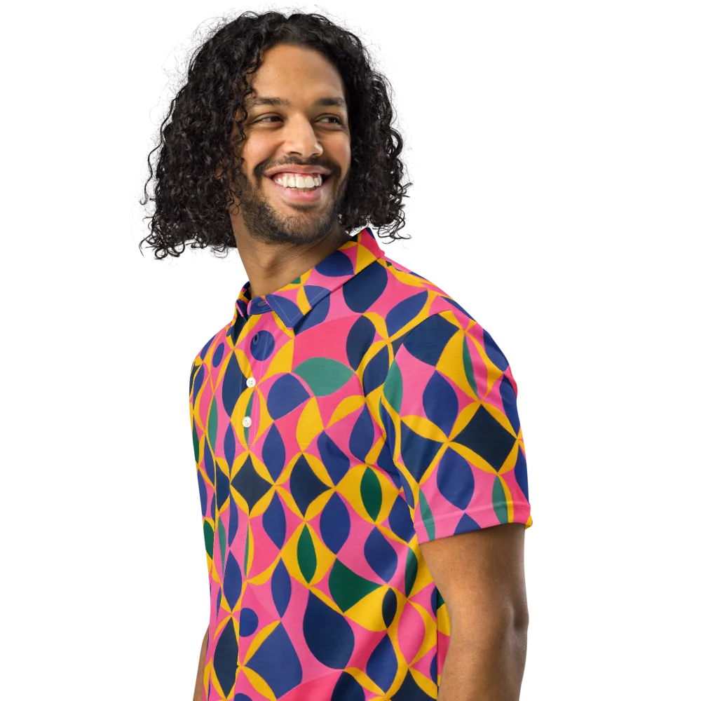 Neon Petal Grid on Men's Slim Fit Polo Shirt — Left Front