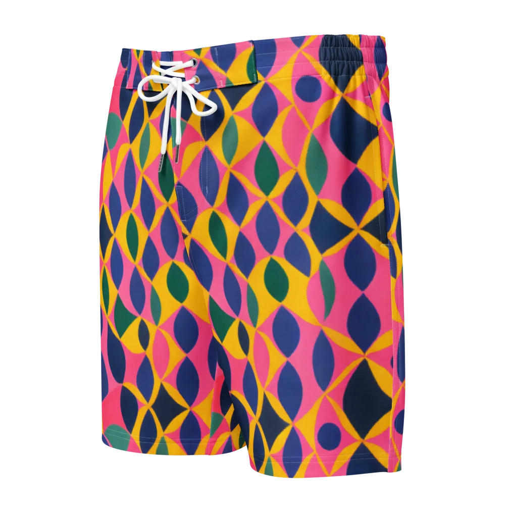 Neon Petal Grid on Men's Board Shorts — Front