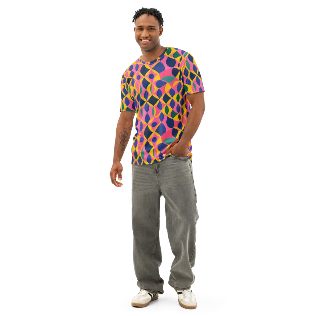 Neon Petal Grid on Men's Cotton Crew Neck T-Shirt — Front