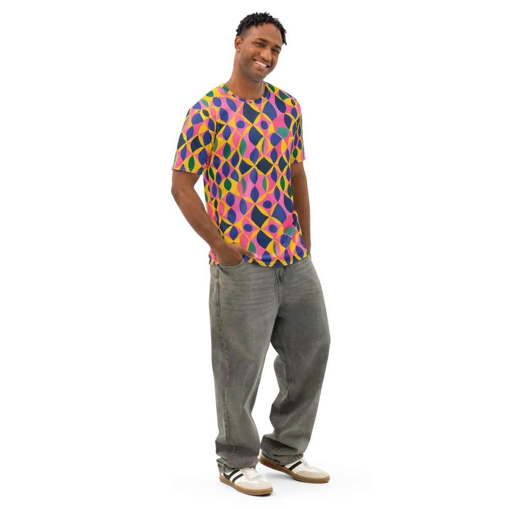 Neon Petal Grid on Men's Cotton Crew Neck T-Shirt — Right Front