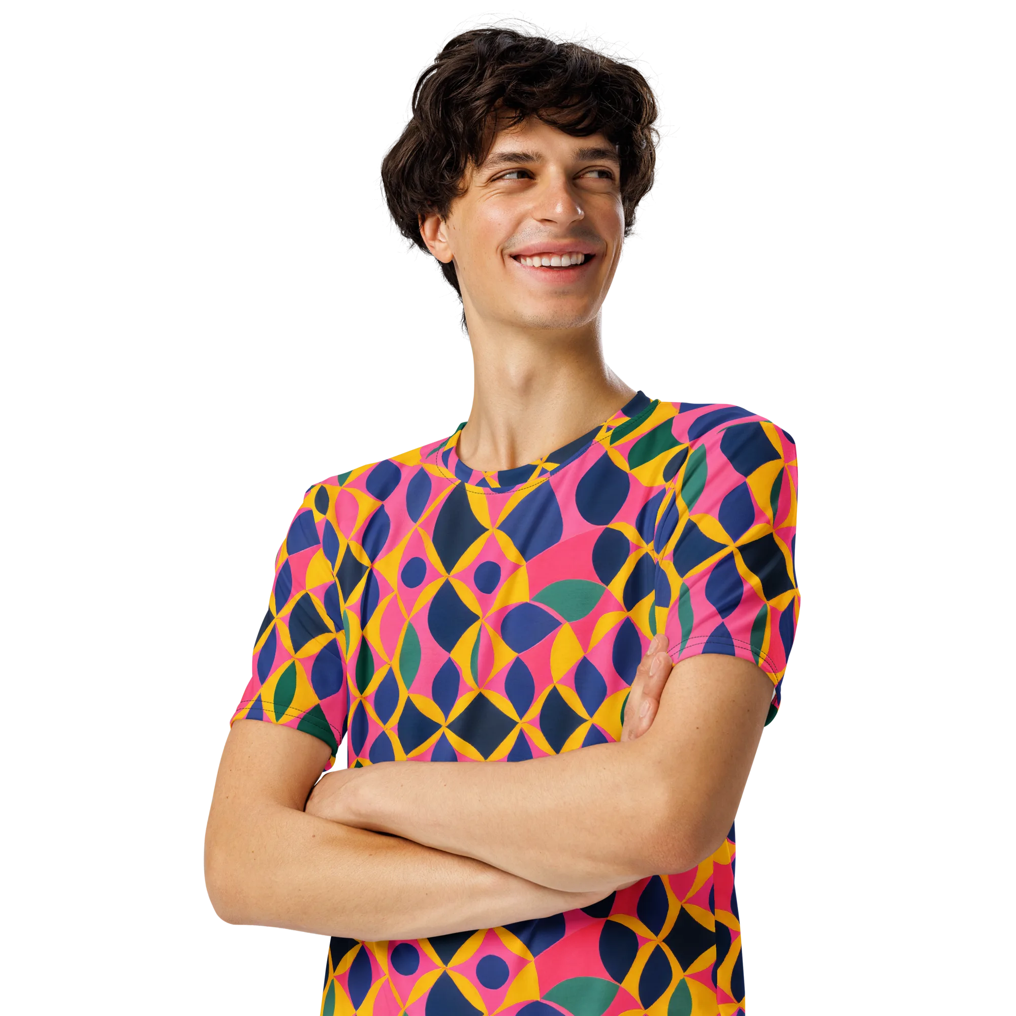 Neon Petal Grid on Men's Crew Neck T-Shirt — Left Front