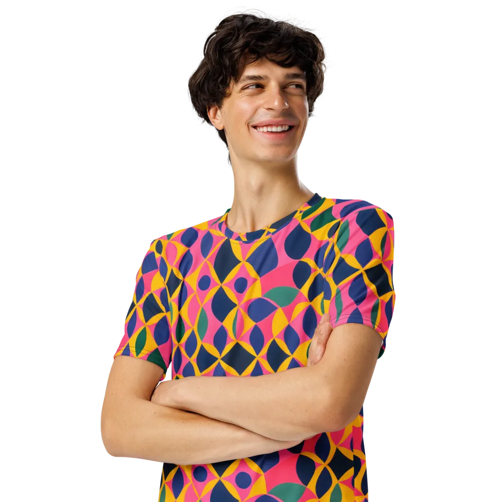 Neon Petal Grid on Men's Crew Neck T-Shirt — Left Front