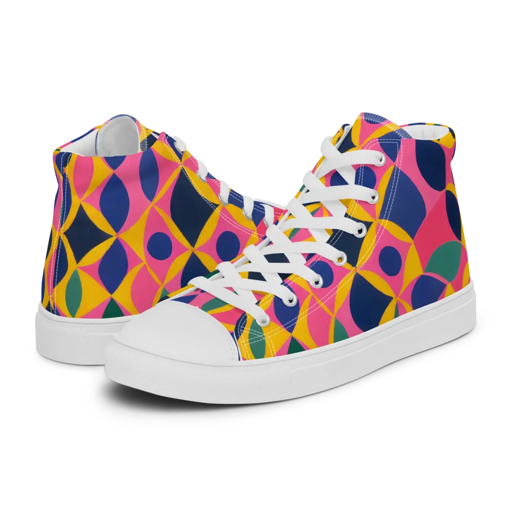 Neon Petal Grid on Women's High Top Canvas Shoes — Left