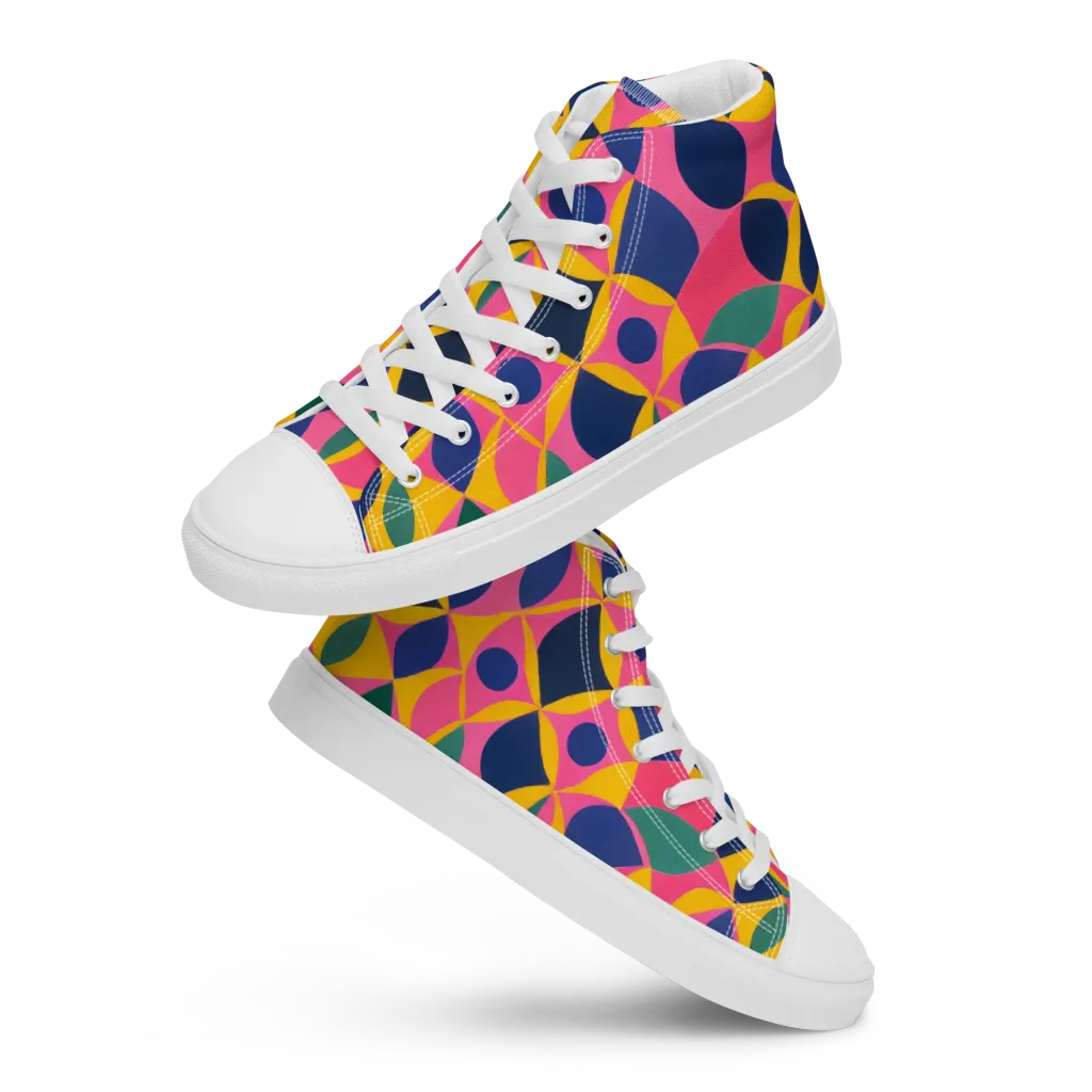 Neon Petal Grid on Women's High Top Canvas Shoes — Front