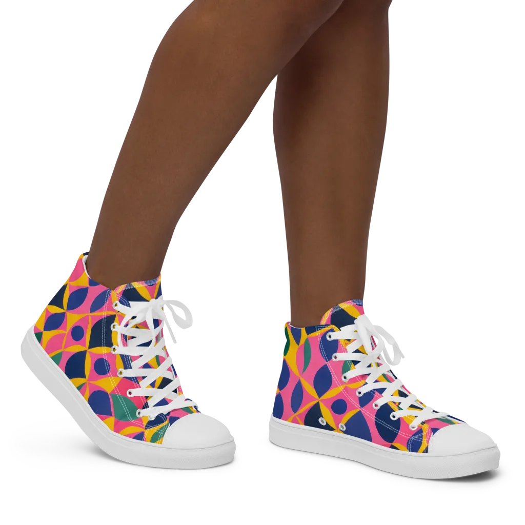 Neon Petal Grid on Women's High Top Canvas Shoes — Right