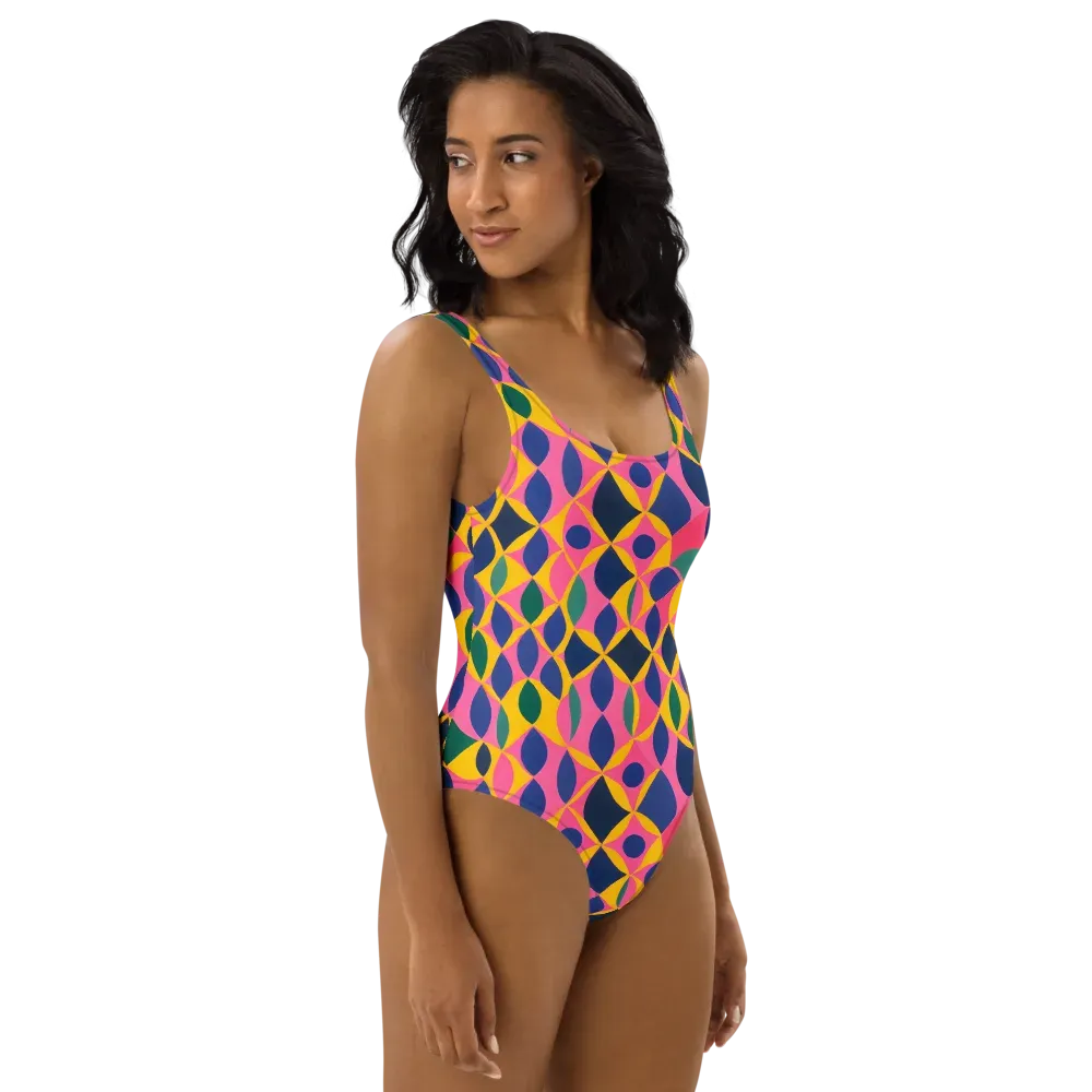 Neon Petal Grid on One-Piece Swimsuit — Right
