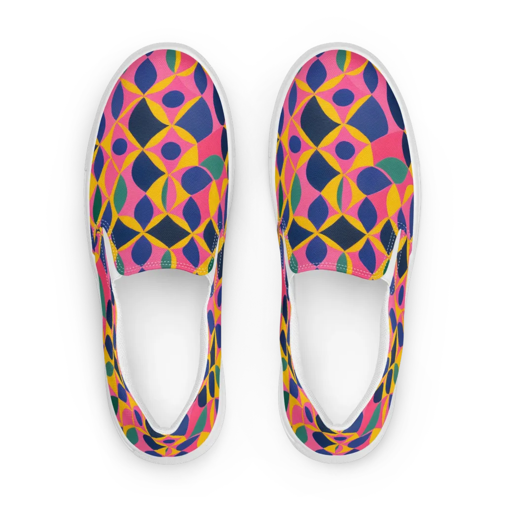 Neon Petal Grid on Women's Slip-On Canvas Shoes — Front