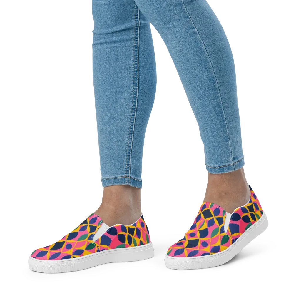 Neon Petal Grid on Women's Slip-On Canvas Shoes — Front