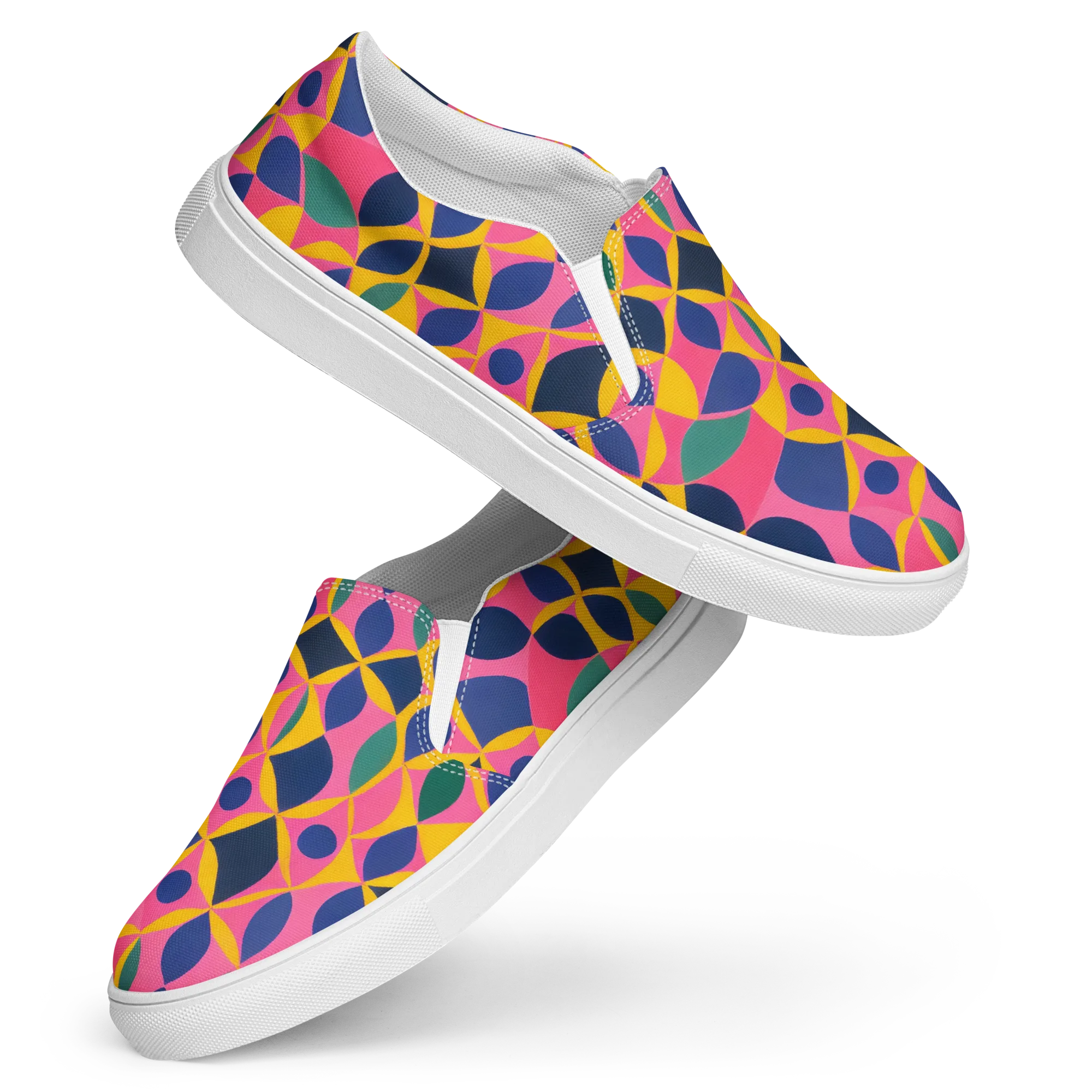 Neon Petal Grid on Women's Slip-On Canvas Shoes — Front