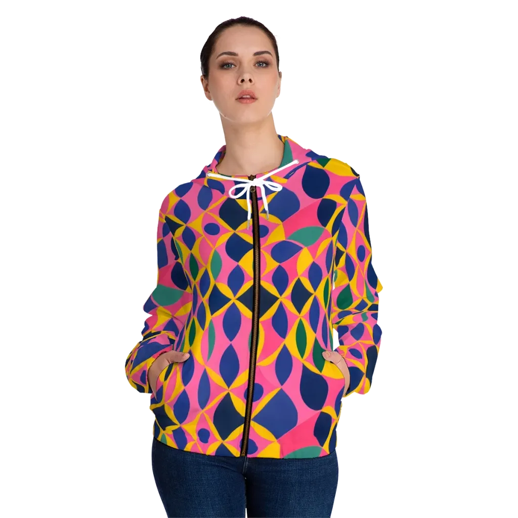 Neon Petal Grid on Women's Full-Zip Hoodie — Front On Person