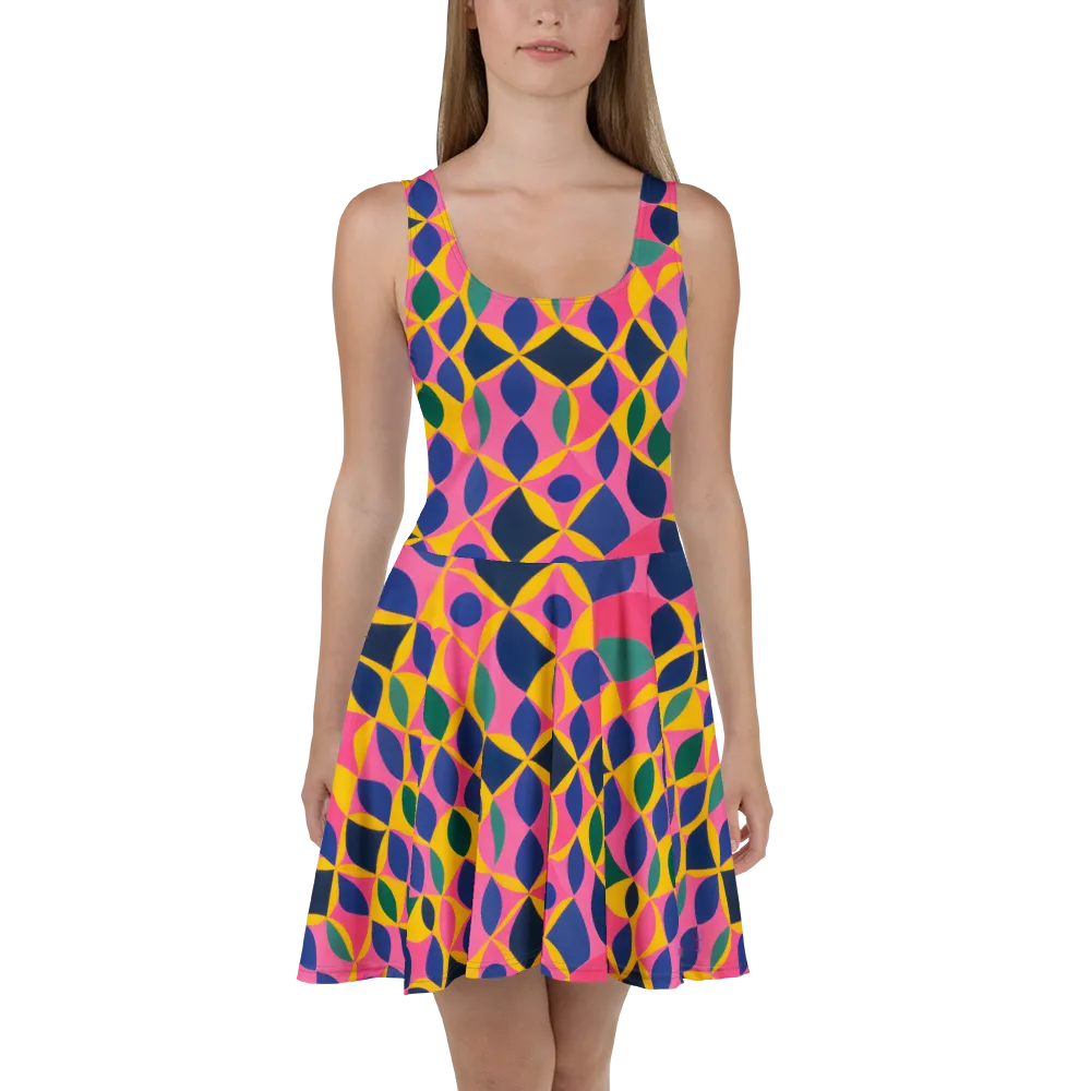 Neon Petal Grid on Skater Dress — Front