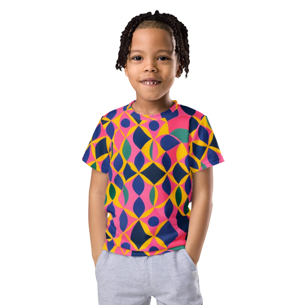 Neon Petal Grid on Kids Crew Neck T-Shirt — Front