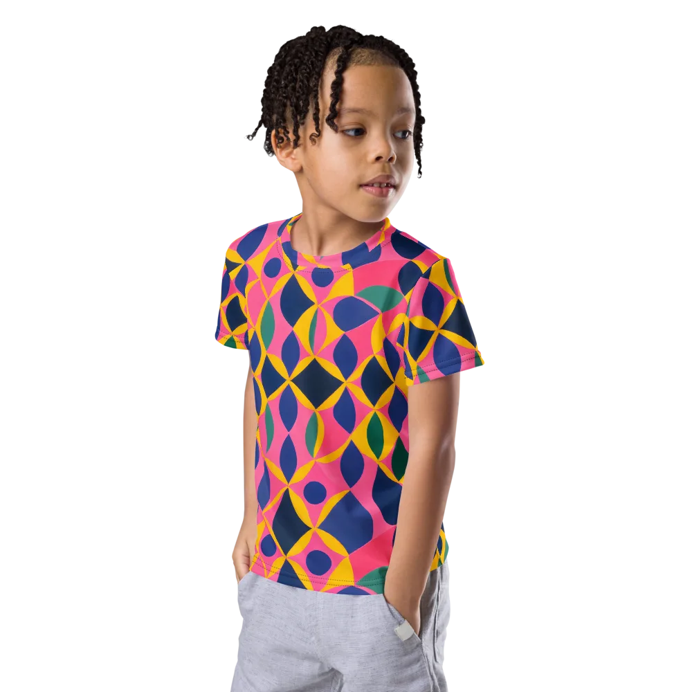 Neon Petal Grid on Kids Crew Neck T-Shirt — Left Front
