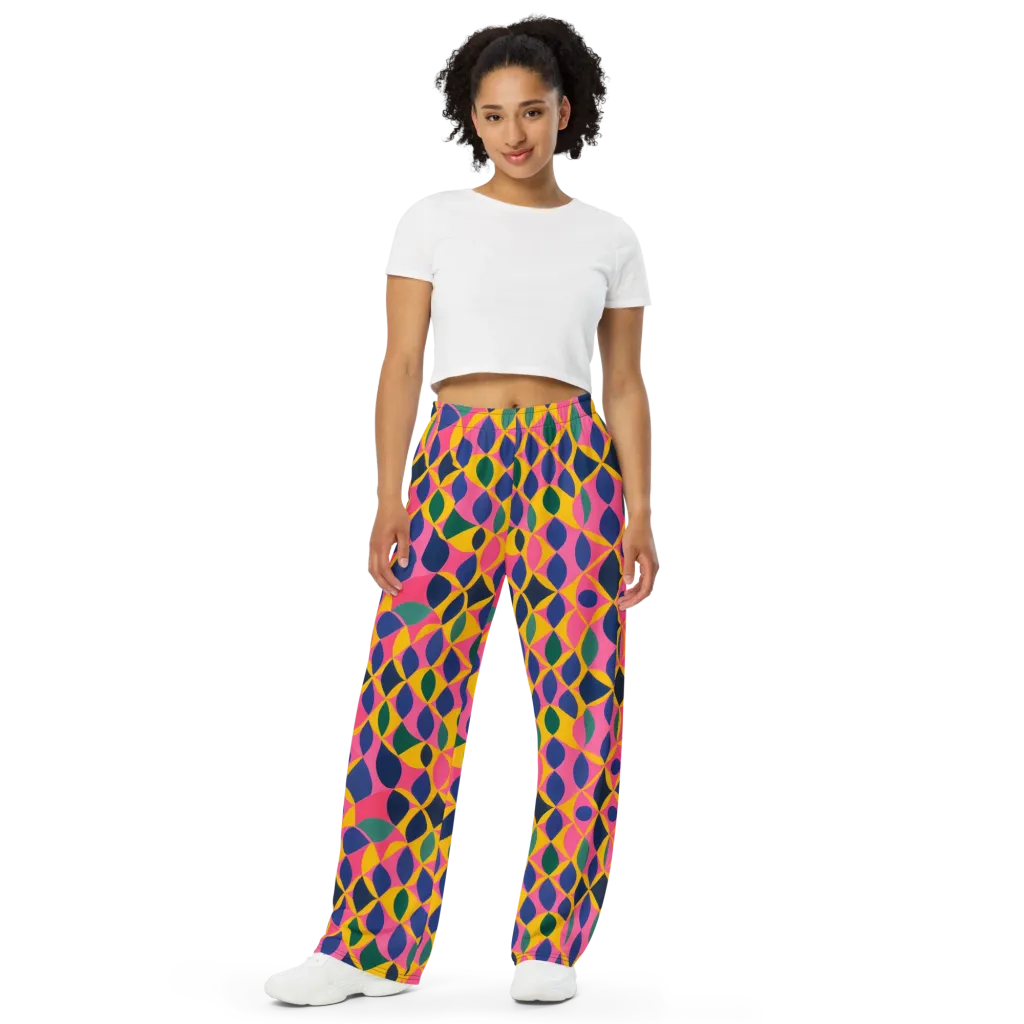 Neon Petal Grid on Wide-Leg Pants — Front