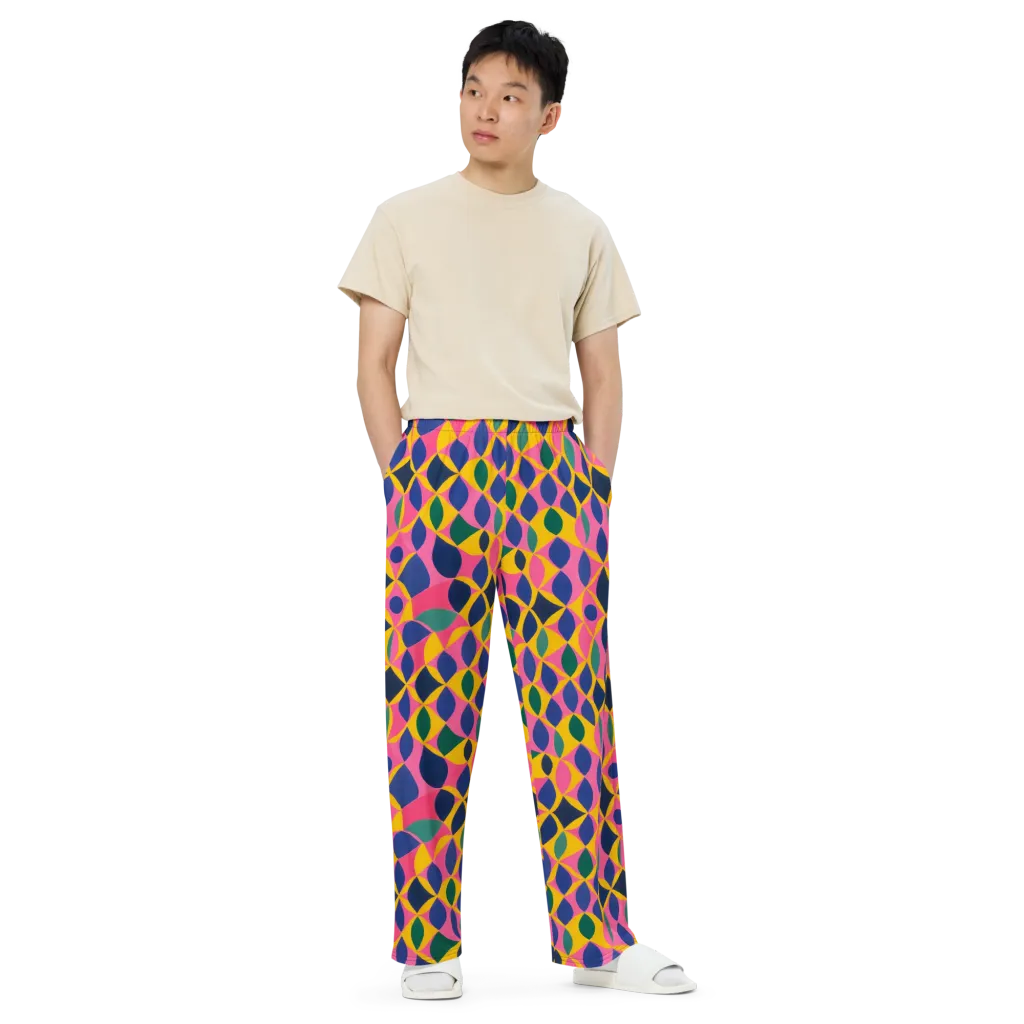 Neon Petal Grid on Wide-Leg Pants — Front