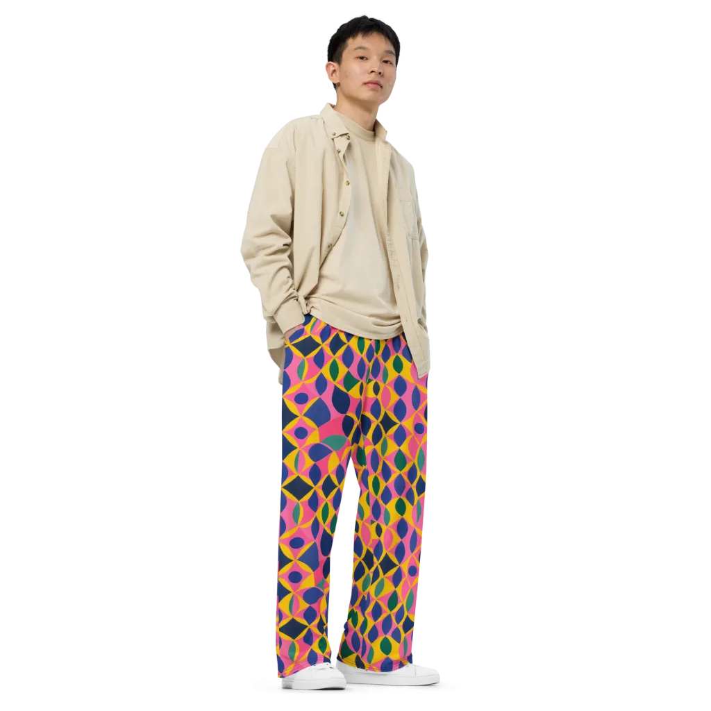 Neon Petal Grid on Wide-Leg Pants — Right Front