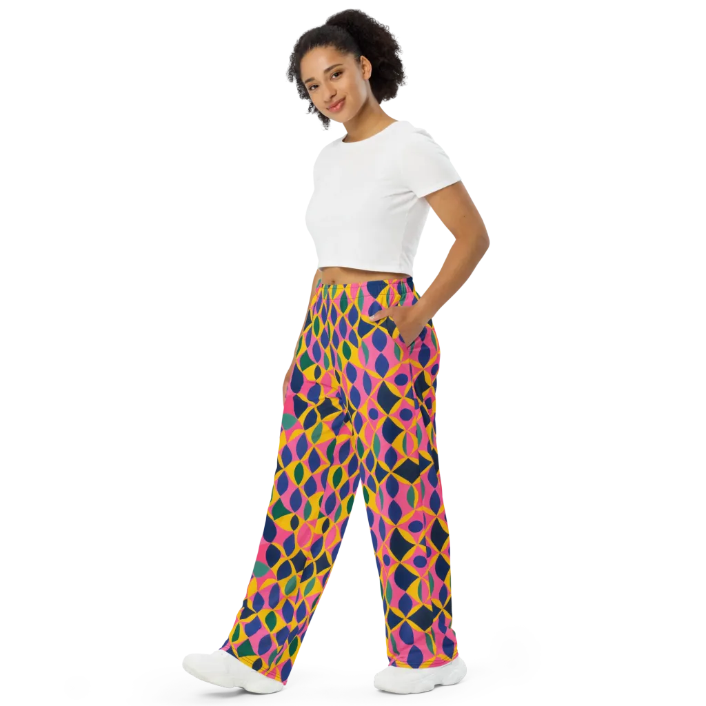 Neon Petal Grid on Wide-Leg Pants — Left Front