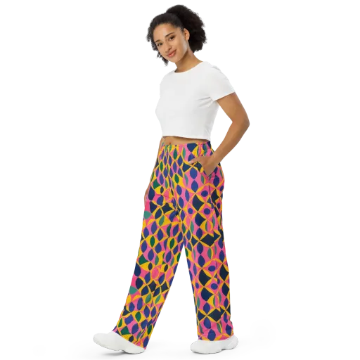 Neon Petal Grid on a Wide-Leg Pants