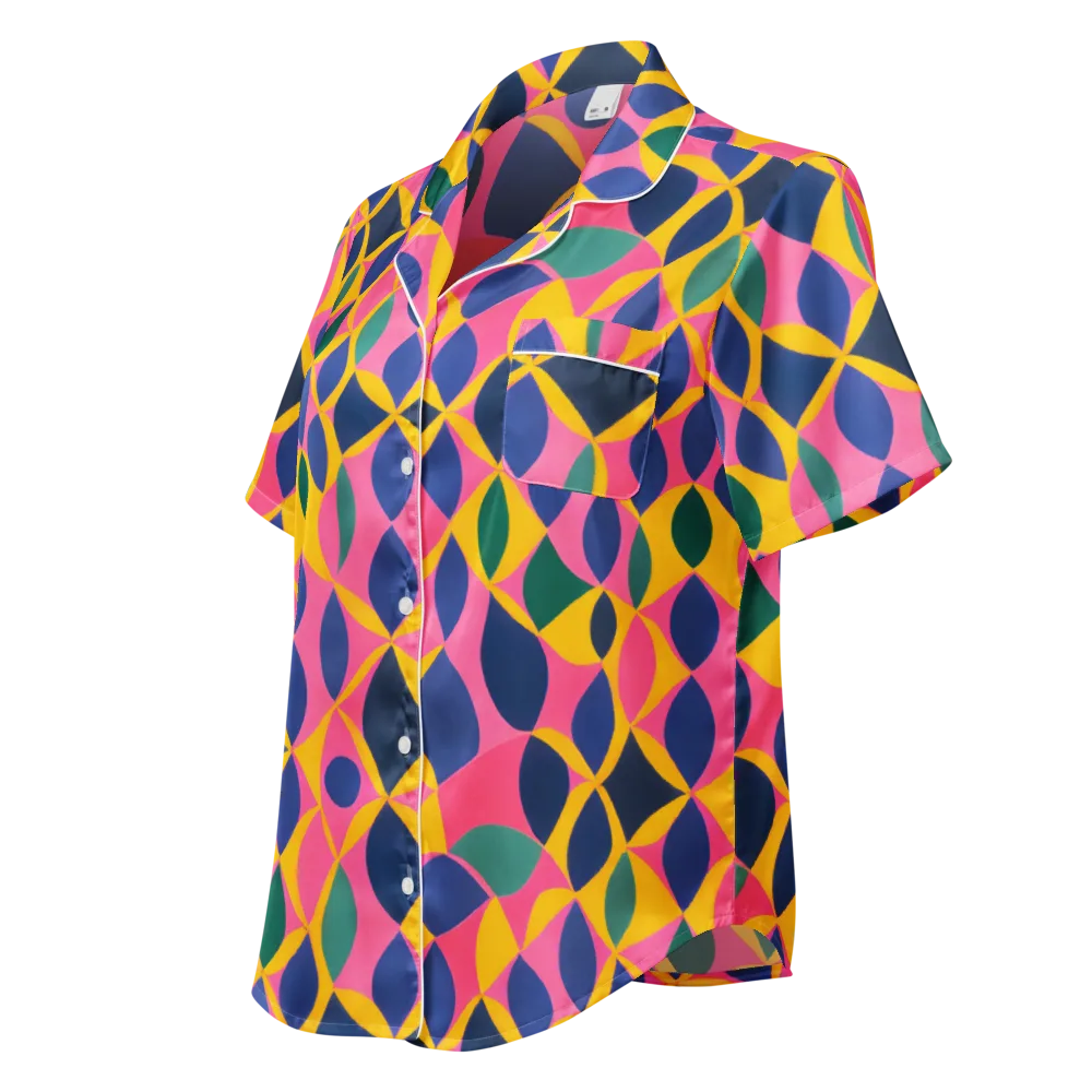 Neon Petal Grid on Women's Short Sleeve Pajama Top — Left Front