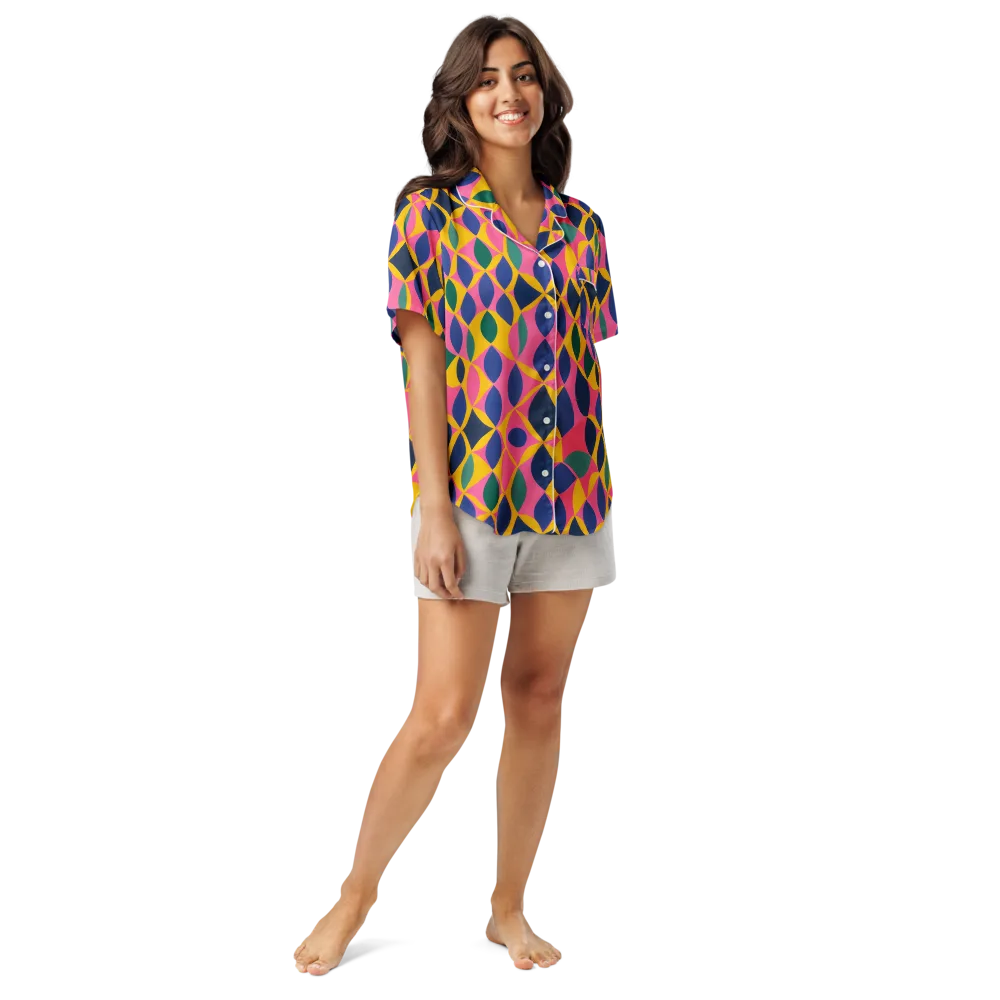 Neon Petal Grid on Women's Short Sleeve Pajama Top — Front