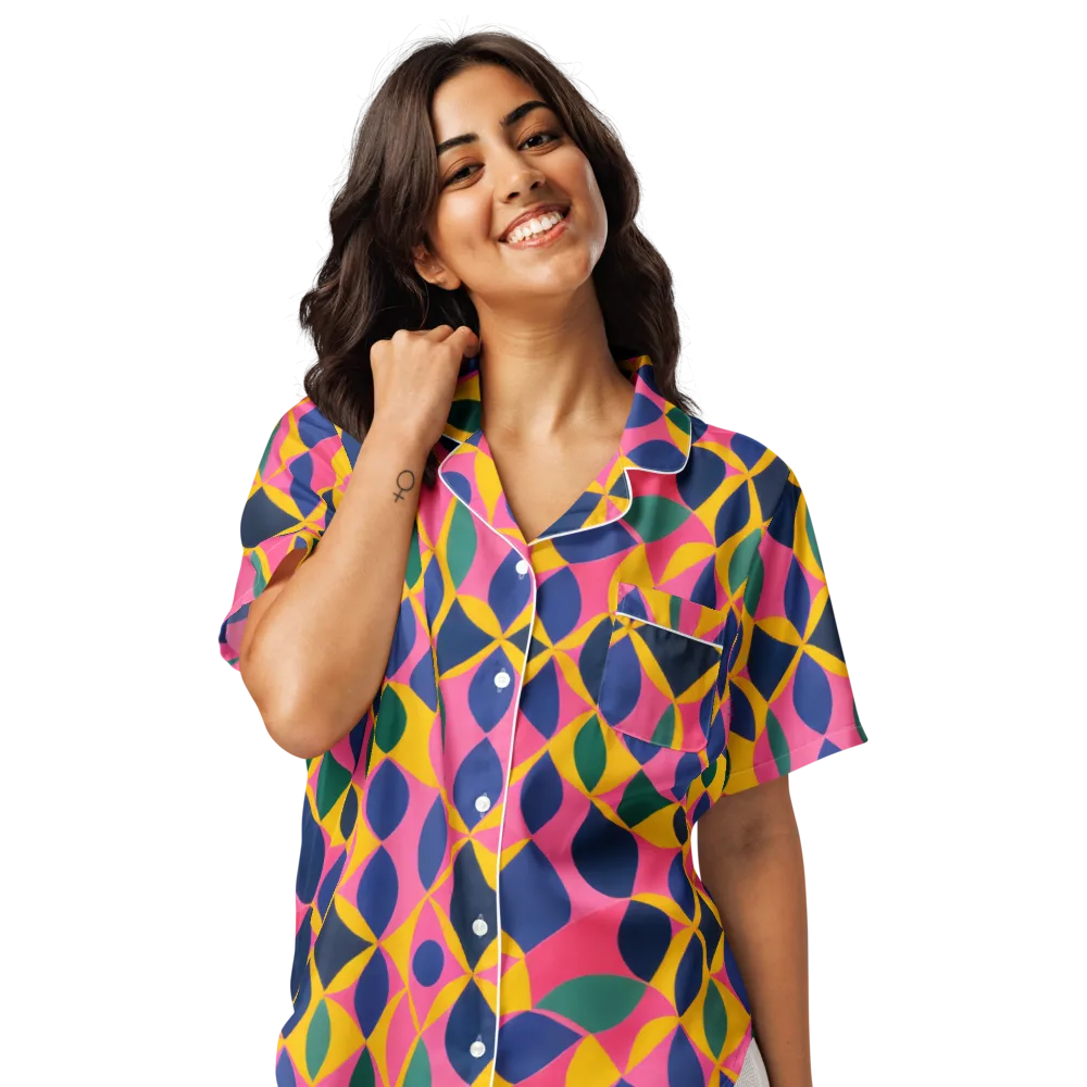 Neon Petal Grid on Women's Short Sleeve Pajama Top — Front
