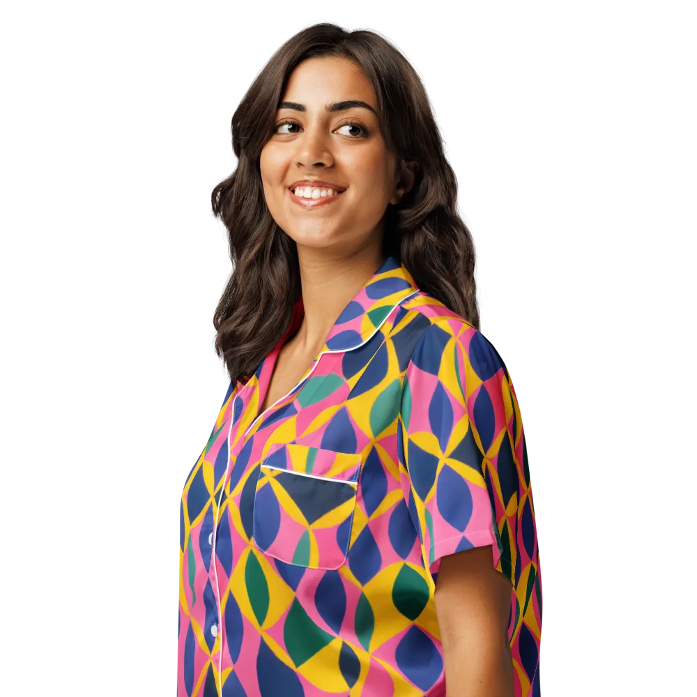 Neon Petal Grid on Women's Short Sleeve Pajama Top — Left Front