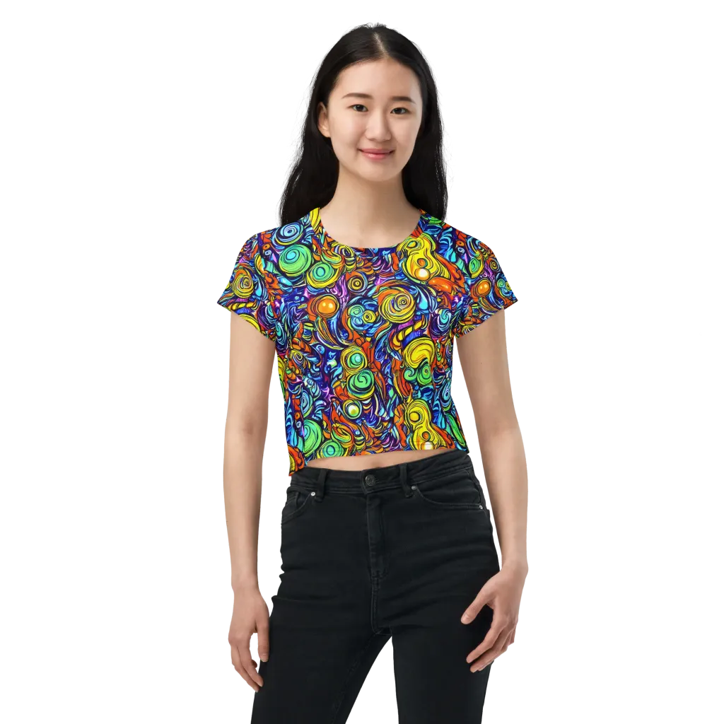 Orbiting Brilliance on Crop Tee — Front
