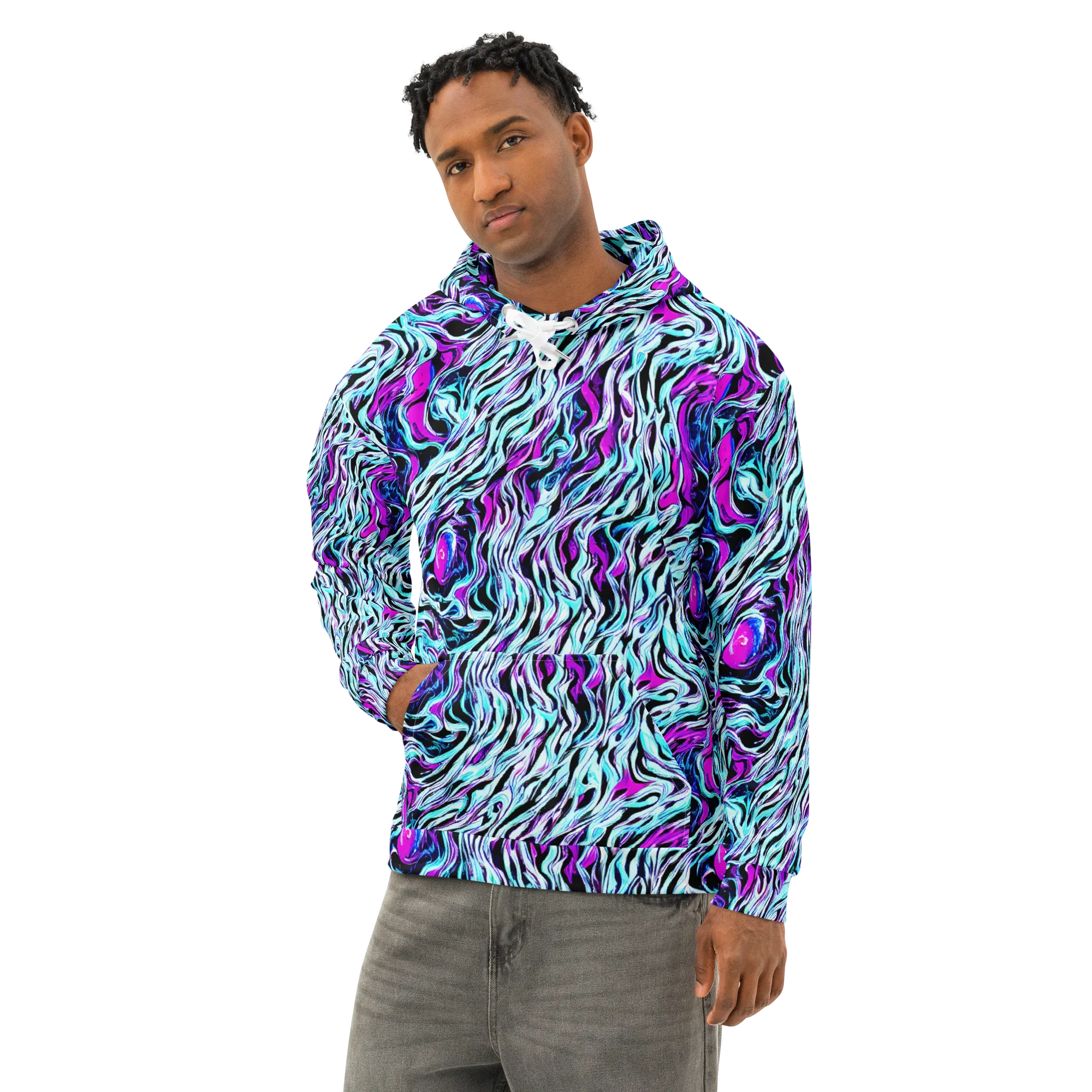 Cyber Zebra on Cotton Hoodie — Left Front