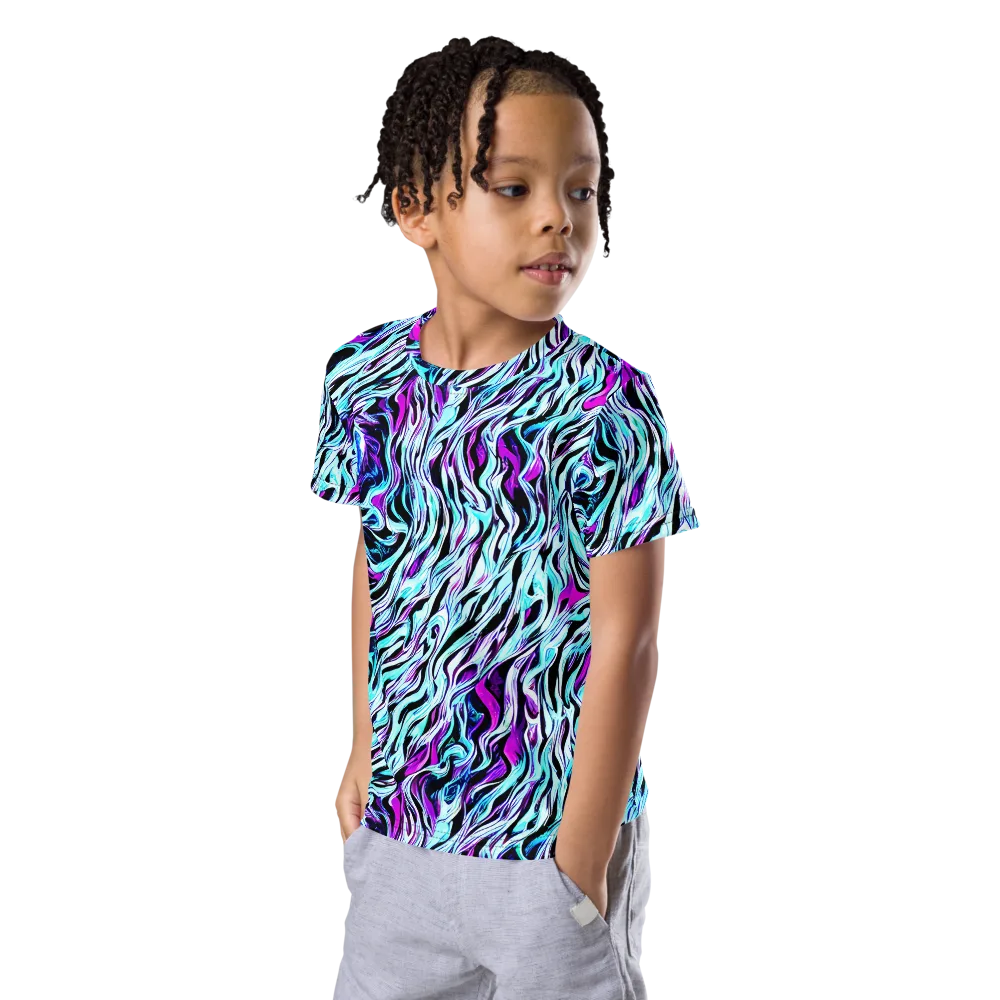 Cyber Zebra on Kids Crew Neck T-Shirt — Left Front
