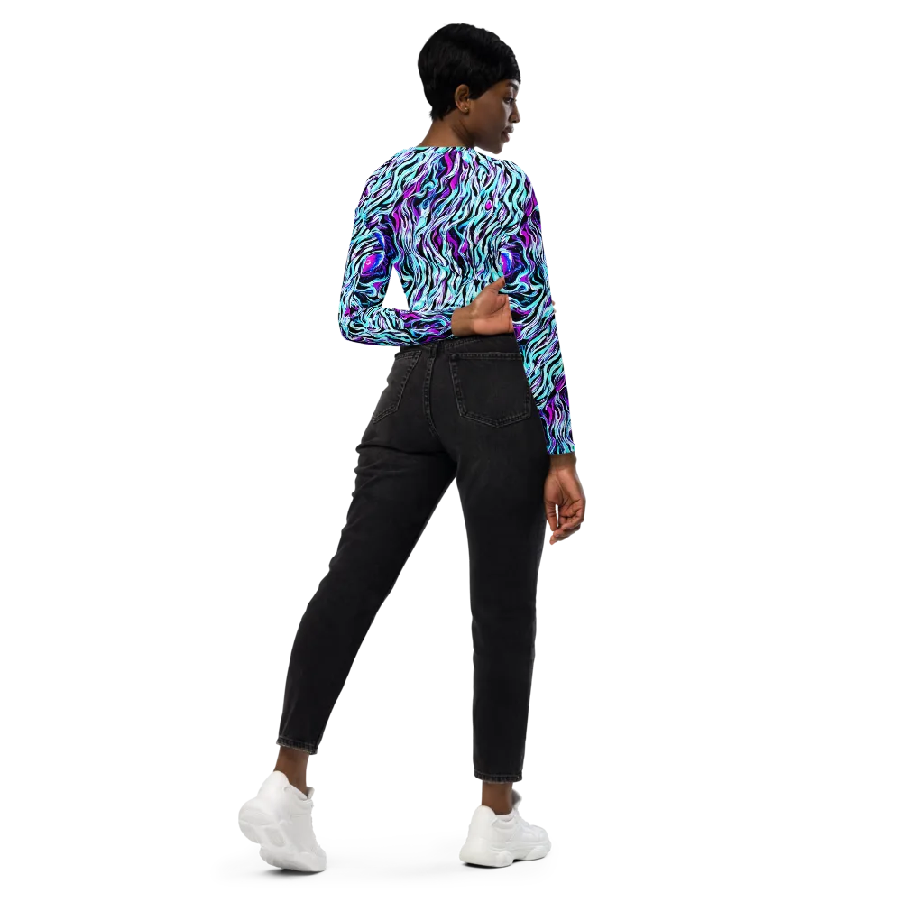 Cyber Zebra on Long Sleeve Crop Top — Right Back
