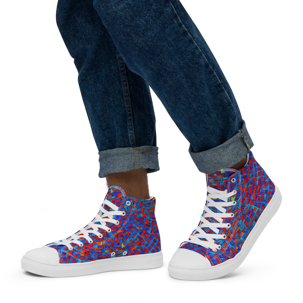 Neon City Grid on Men's High Top Canvas Shoes — Left