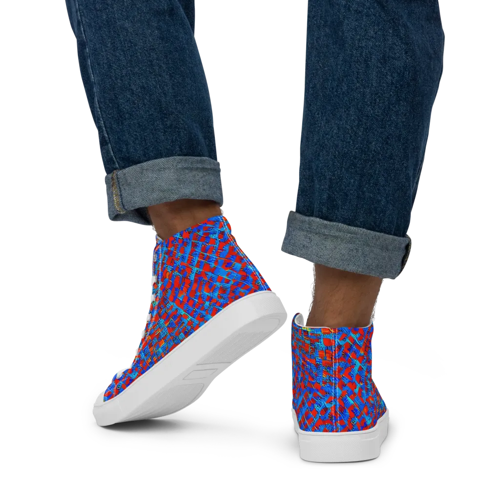 Neon City Grid on Men's High Top Canvas Shoes — Back