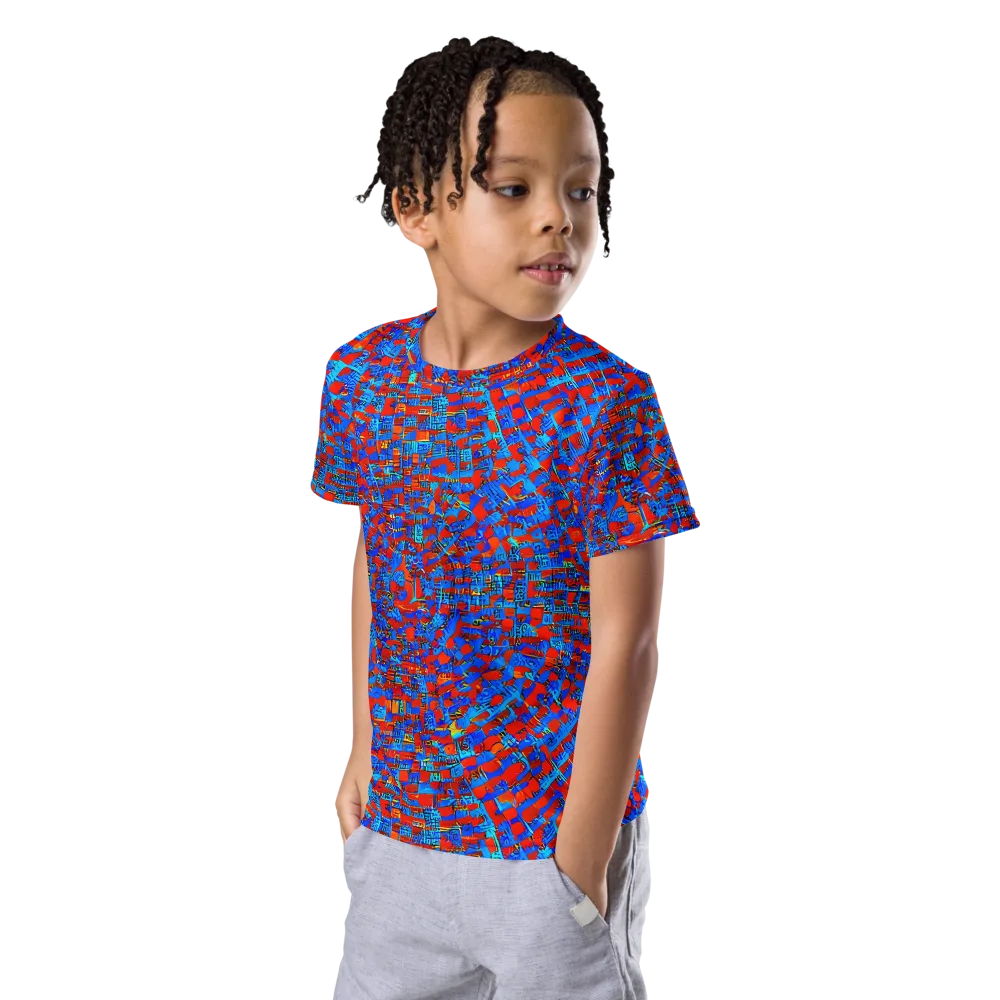 Neon City Grid on Kids Crew Neck T-Shirt — Left Front