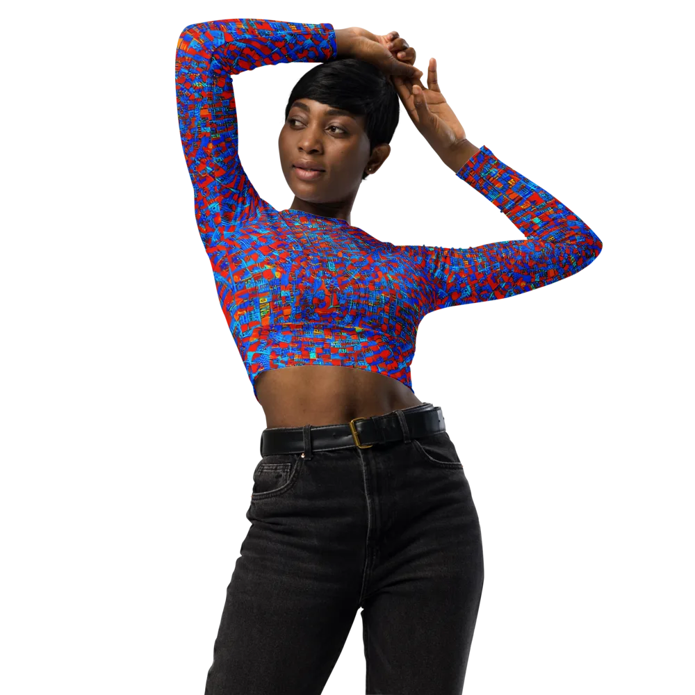 Neon City Grid on Long Sleeve Crop Top — Front