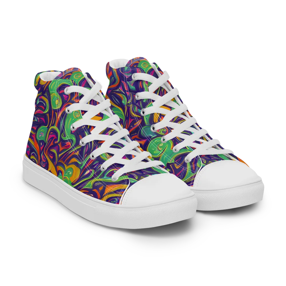 Psychedelic Ribbons on Men's High Top Canvas Shoes — Right Front