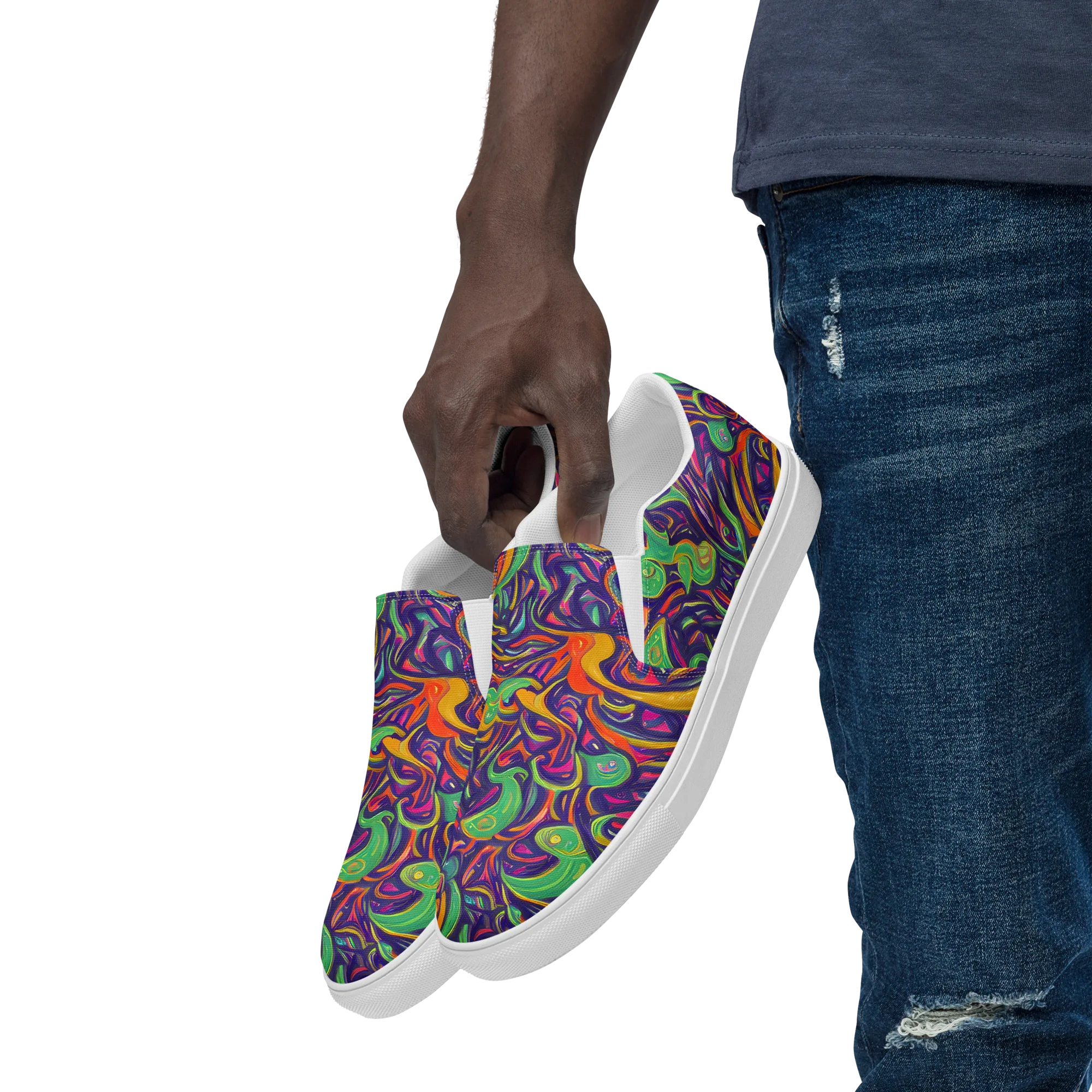 Psychedelic Ribbons on Men's Slip-On Canvas Shoes — Left Front