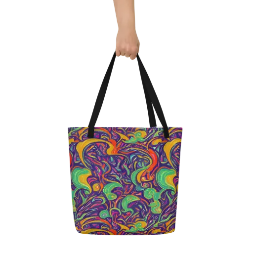 Psychedelic Ribbons on a Large Tote Bag W/ Pocket