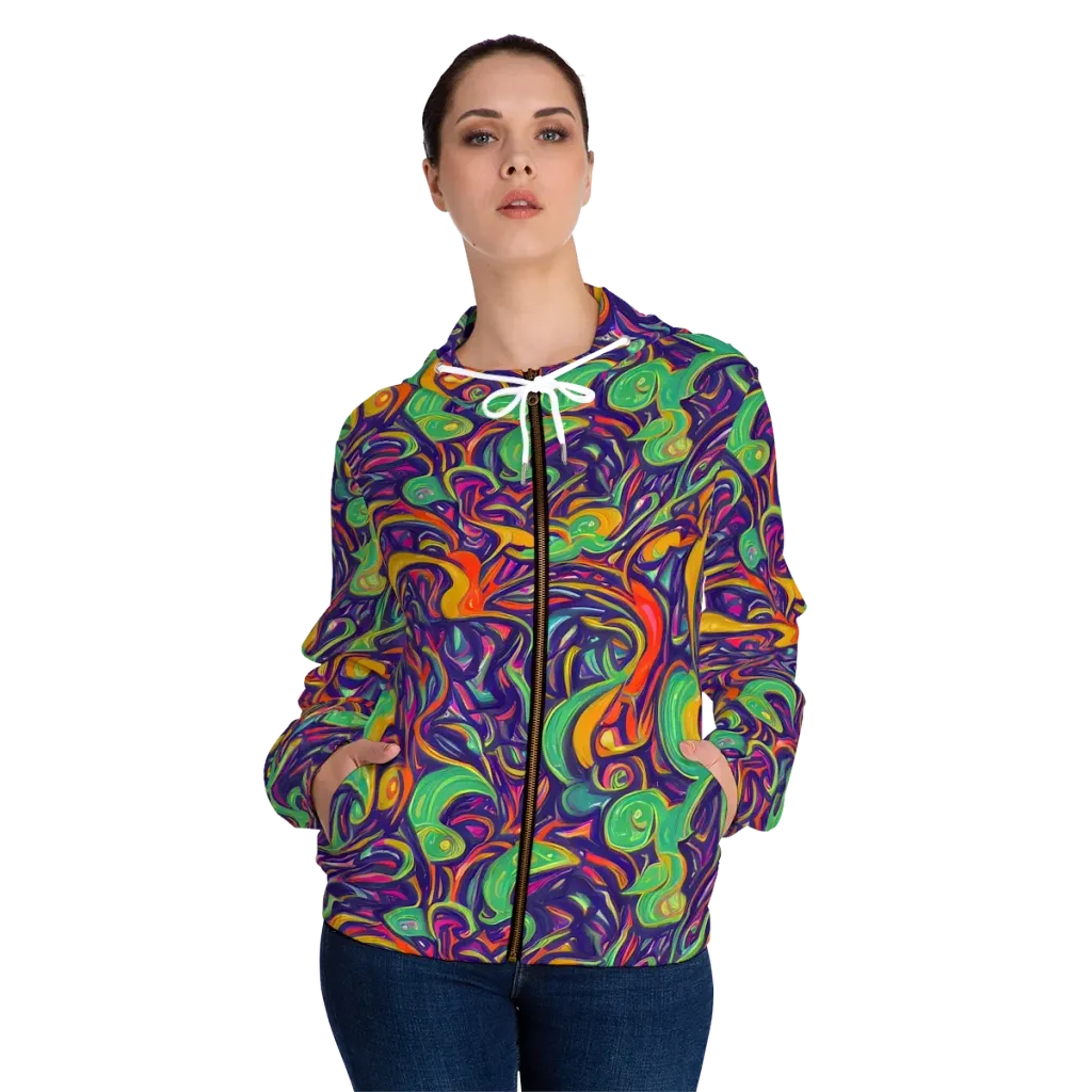 Psychedelic Ribbons on Women's Full-Zip Hoodie — Front On Person