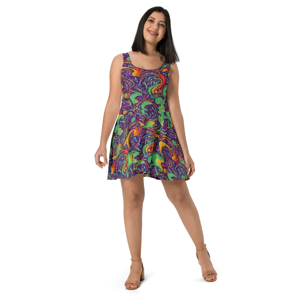 Psychedelic Ribbons on Skater Dress — Front