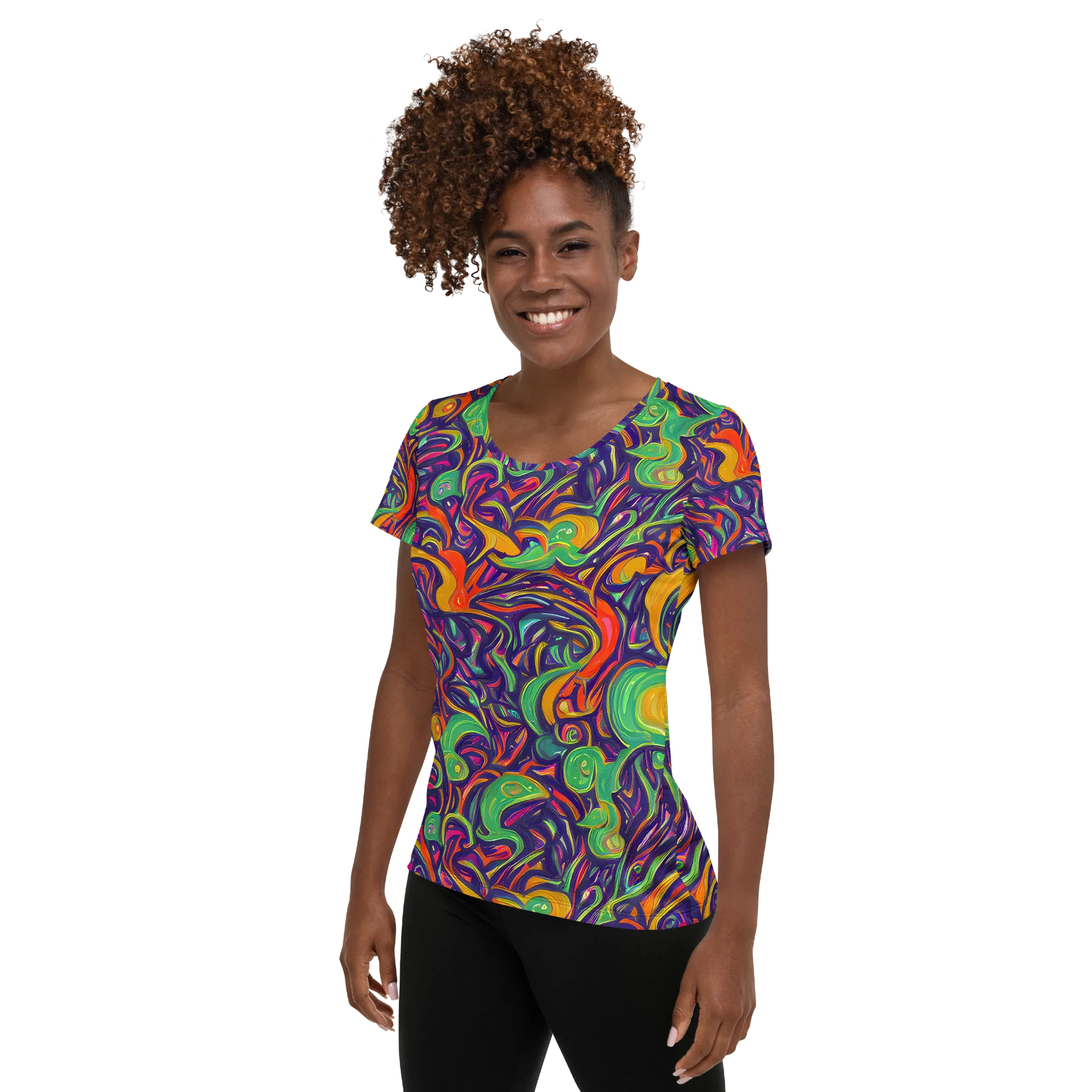 Psychedelic Ribbons on Women's Athletic T-Shirt — Left