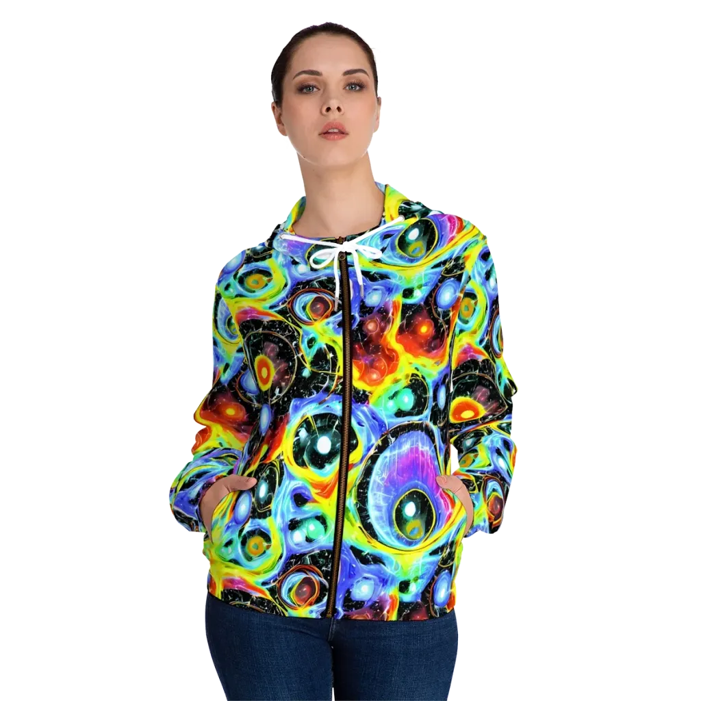 Chromatic Galaxies on Women's Full-Zip Hoodie — Front On Person