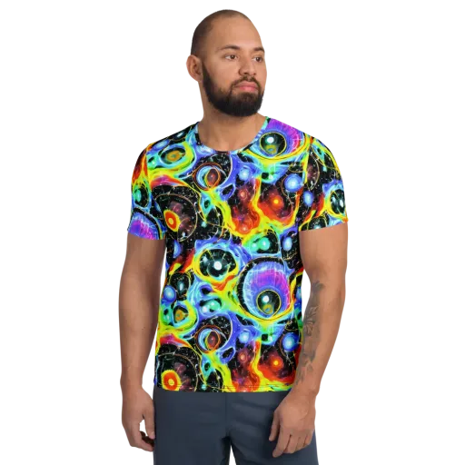 Chromatic Galaxies on a Men's Athletic T-Shirt