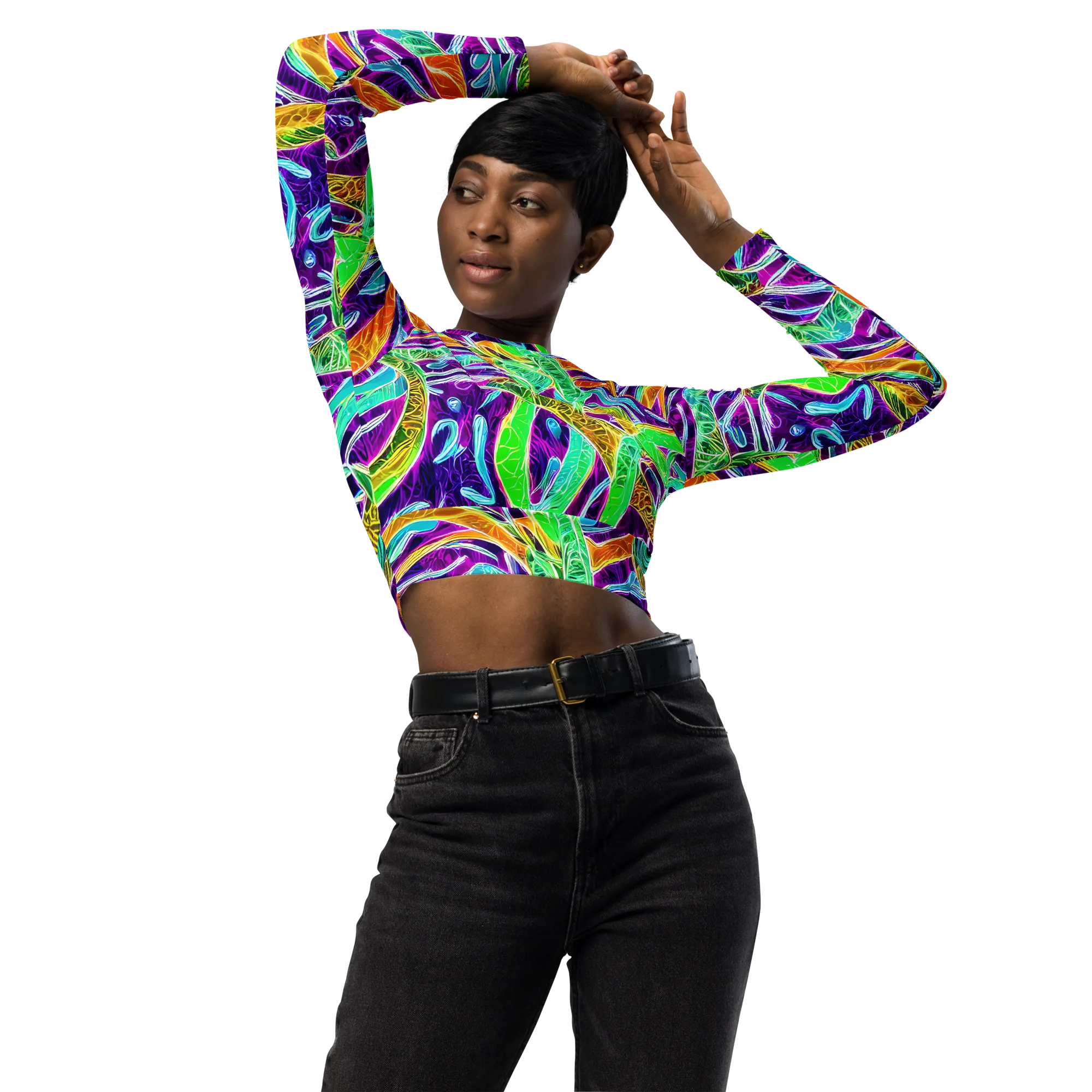Chromatic Tropics on Long Sleeve Crop Top — Front